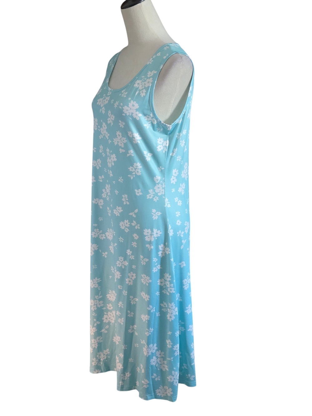 Aqua and White Floral Print Sleeveless Midi Dress Lightweight Womens L (US 8/10) - Picture 2 of 10